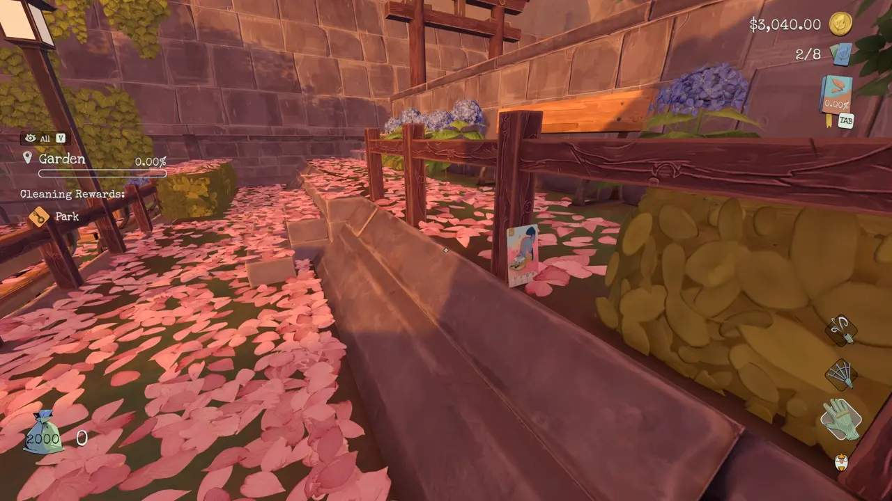Section: 1. Sakura Card: Garden. Nearby text: I find the first Sakura card in the Garden area. I check the wooden railing beside the steps, where the card is attached to one of the vertical posts.
