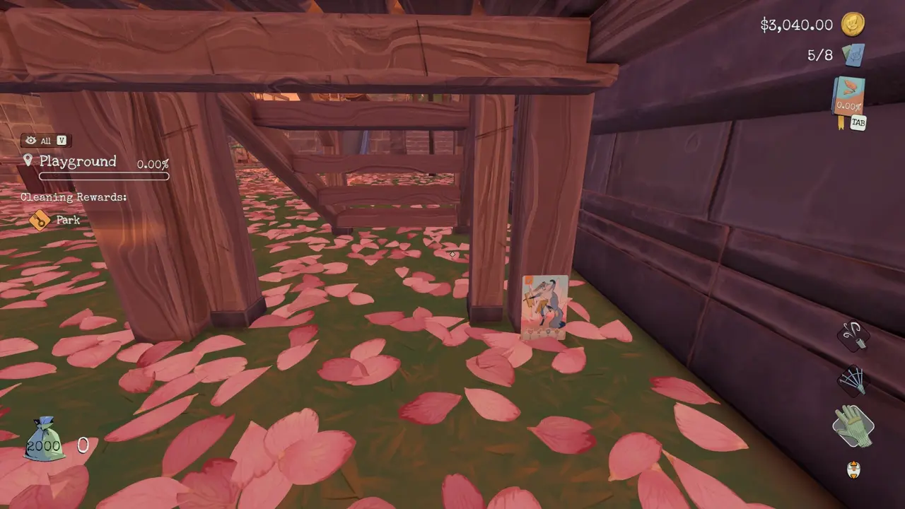 Section: 5. Sakura Card: Playground. Nearby text: In the Playground, I check underneath the wooden stairs near the stone wall. The fifth card is on the ground, leaning against one of the wooden supports.