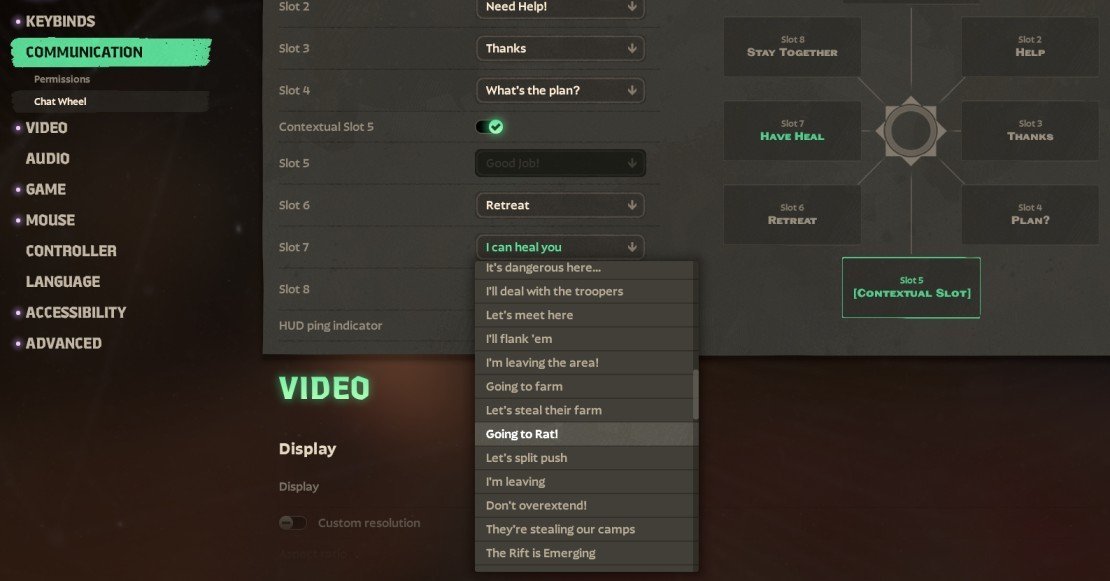 Deadlock communication settings menu showing how to assign Going to Rat to the chat wheel