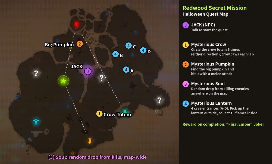 The game map showing the locations of the items needed for the Redwood secret quest.