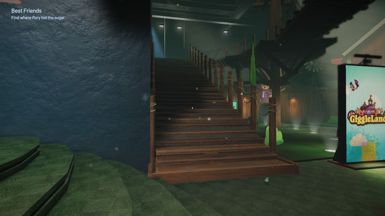 Section: Container 1: Sugar. Nearby text: Climb the large wooden stairs and follow the trail of candy into the room.
