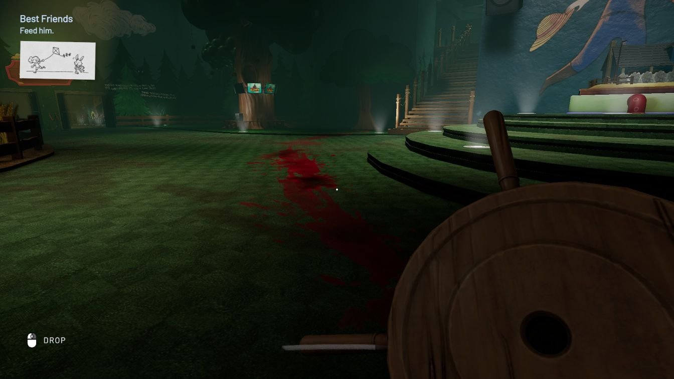 Section: Container 3: Pig Feed. Nearby text: Return to the main area and follow the trail of blood .