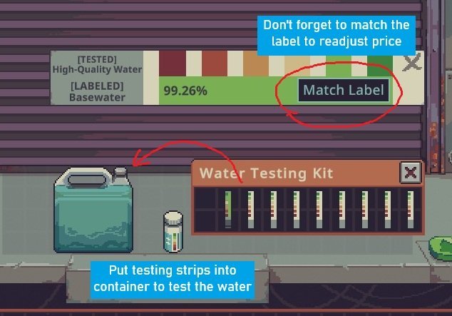 Section: How to Test Water Purity. Nearby text: Your Water Trader starting equipment is testing strips. Open the container holding the strips, then drag one into a container filled with water. The test reveals the water’s purity percentage, w