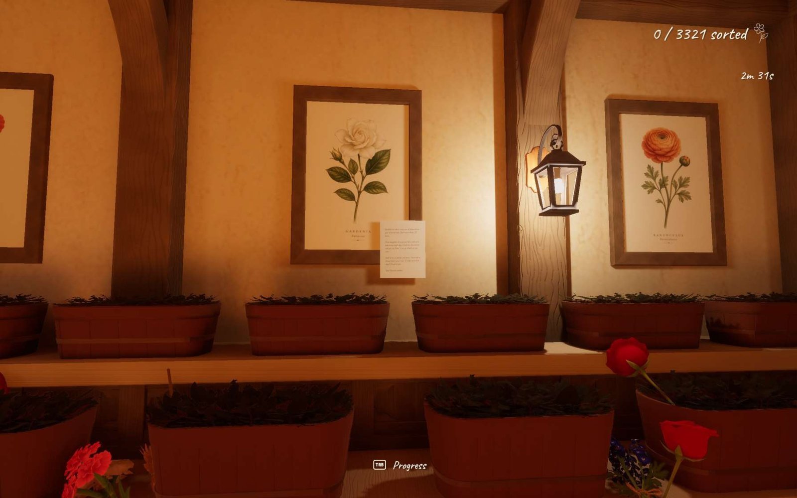 Collect flowers from around the shop and sort them according to type. Each basket is designated for one flower type, so make sure to check the label before placing them in.
