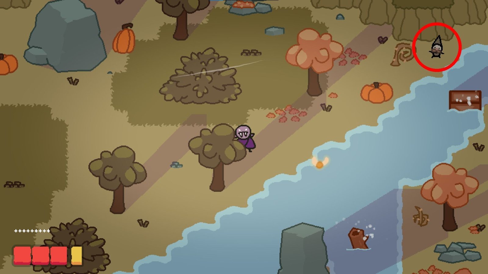 Section: Gnome 1: After Helping Glurk Cross the River. Nearby text: Check the corner near the pumpkin to find the first gnome.