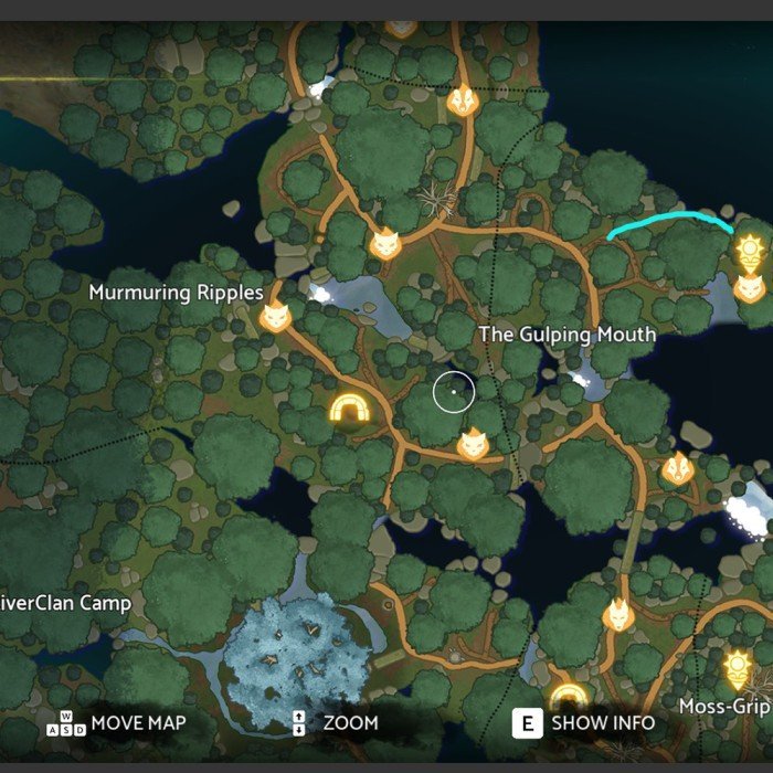 Section: RiverClan Sun Spots Locations. Nearby text: Second Sun Spot: Follow the terrain around the area and drop down to reach the spot.