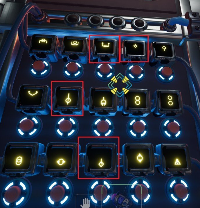 The puzzle has three rows of five symbol buttons, and the correct selections are:
