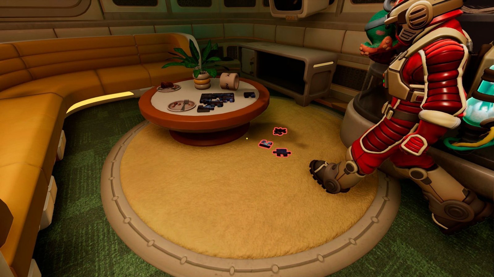 Section: Pieces #1–3: Common Room. Nearby text: Just look at the right side below the table and collect all three pieces before moving to the next location.
