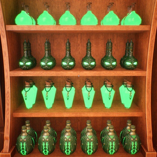 Cabinet 1 - Nearby items: Roundflask Tonic, Gravespire Elixir, Taperglass Elixir, Vinegourd Elixir