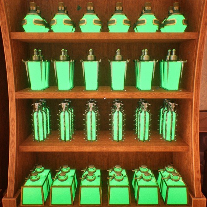 Section: Cabinet 4. Nearby text: Ribbongourd Elixir Pagoda Tonic Bullthorn Elixir Goldframe Elixir